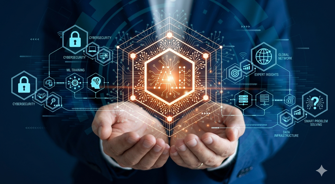 AI integration concept - hands cradling a connected technology hub linking security, communications, analytics, and workflow systems.