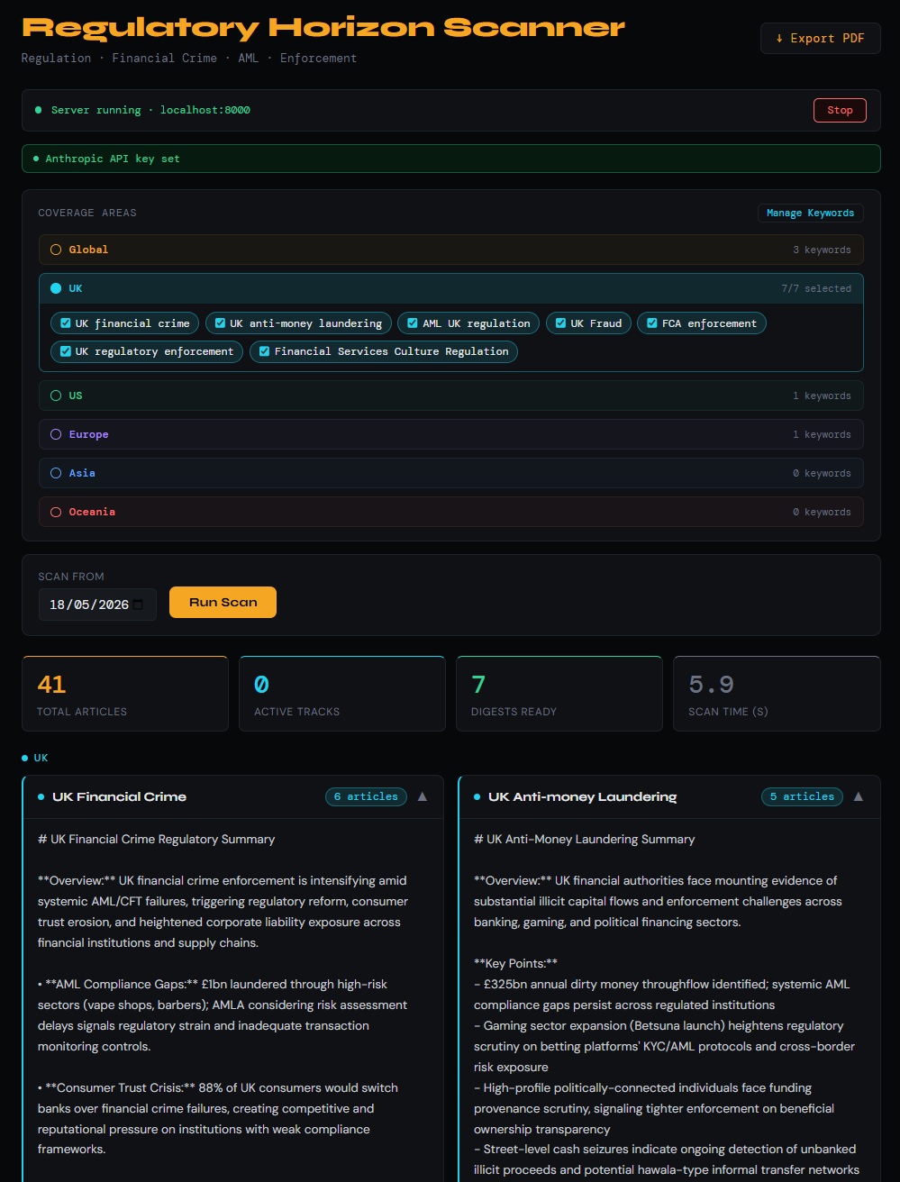 Regulatory Horizon Scanner dashboard showing keyword scans across UK, US and EU jurisdictions with AI-generated digests
